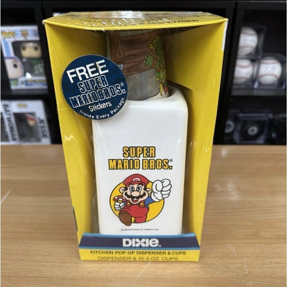 Vintage 1989 / 1990 Super Mario Bros. Dixie Pop-Up Dispenser & Cups w/ Stickers